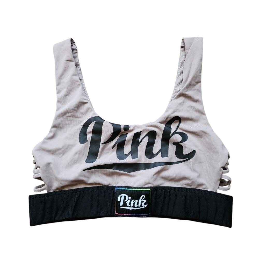 Victorias Secret Pink Lace-Up Strappy Sports Bra Sz S Black and Beige
